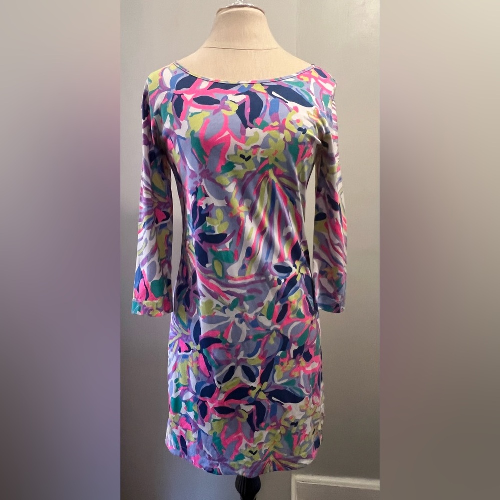 Lilly Pulitzer Marlowe Dress Size S Havin A Blast 3/4 Sleeve Blue Pink